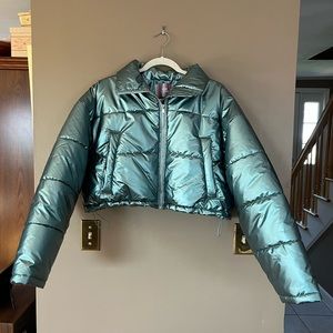 Urban Outfitters blue metallic cropped puffer jacket